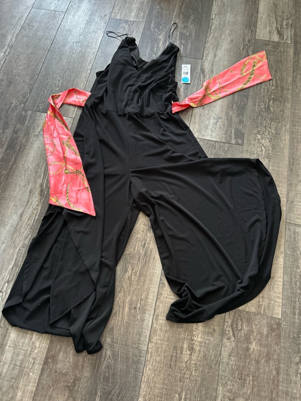 Robbie Bee Black Jumpsuit with Coral & Gold Side Panels. Large S3